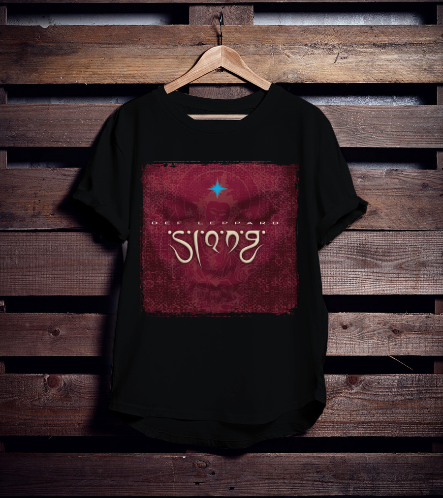 Def Leppard Slang Album Cover With Blue Star And Red Patterned Background T-Shirt