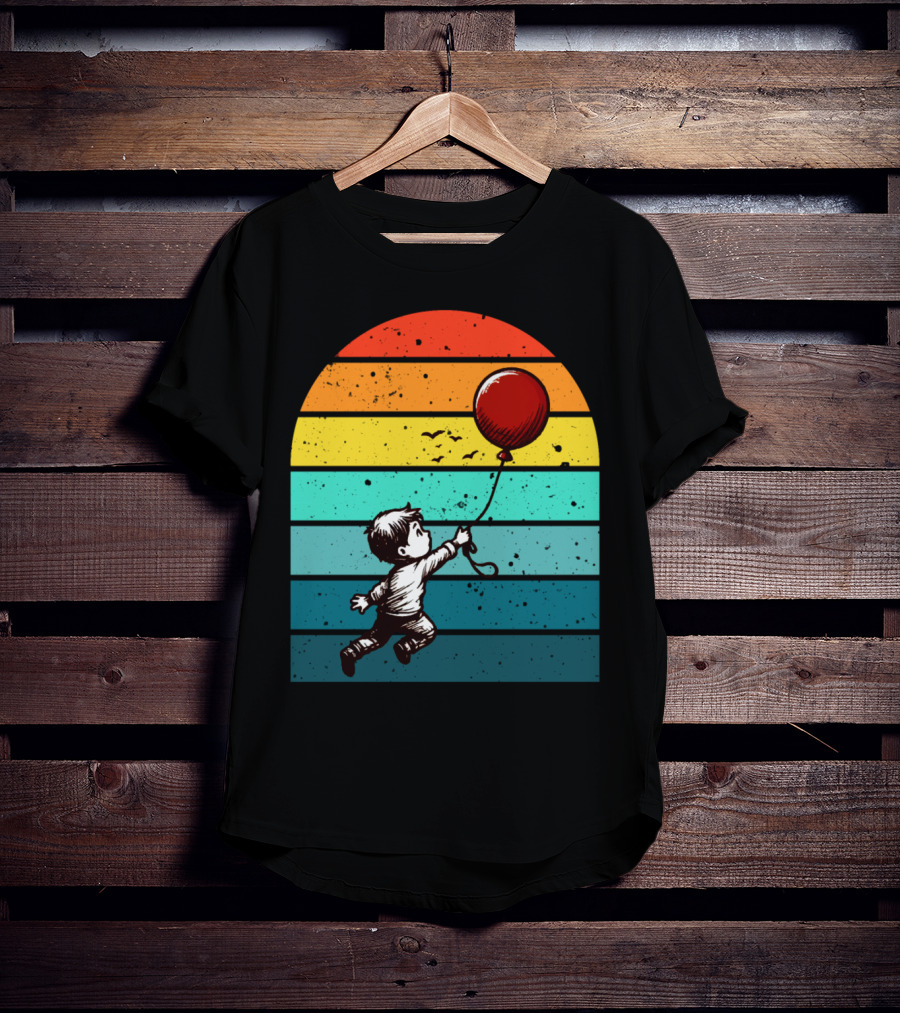 Childhood Nostalgia Boy With Balloon Rainbow Stripes T-Shirt