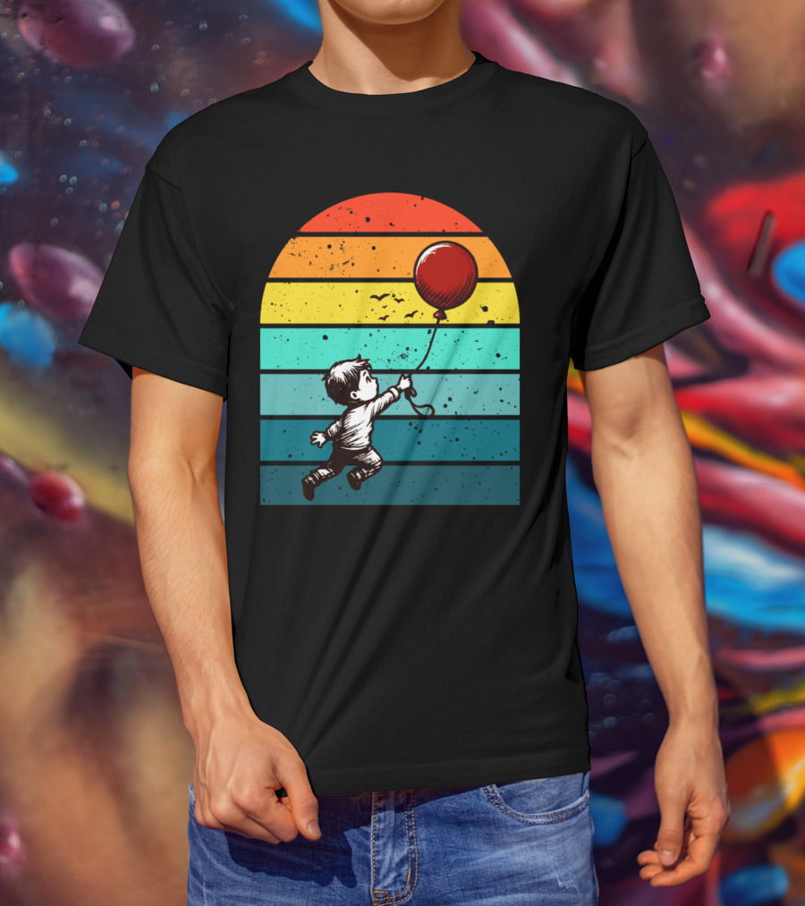 Childhood Nostalgia Boy With Balloon Rainbow Stripes T-Shirt