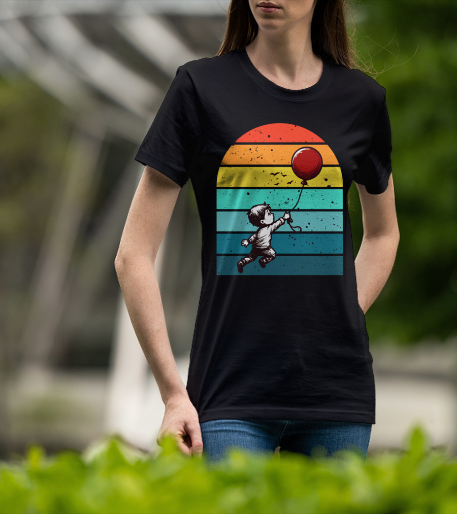 Childhood Nostalgia Boy With Balloon Rainbow Stripes T-Shirt