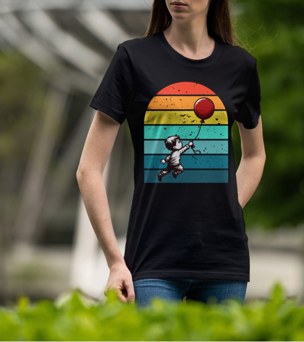 Childhood Nostalgia Boy With Balloon Rainbow Stripes T-Shirt