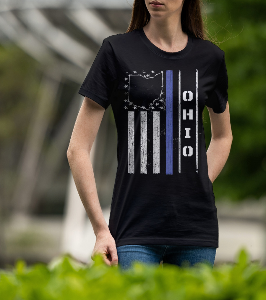 Ohio Thin Blue Line Flag With State Outline And Stars T-Shirt