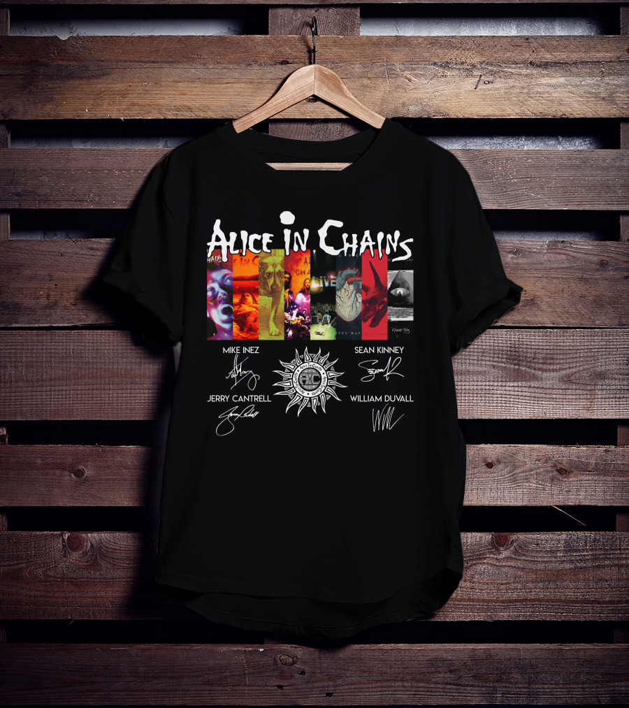 Alice In Chains Album Covers Signatures Mike Inez Sean Kinney Jerry Cantrell William Duvall T-Shirt