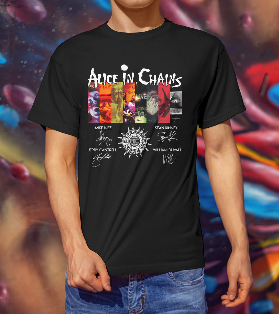 Alice In Chains Album Covers Signatures Mike Inez Sean Kinney Jerry Cantrell William Duvall T-Shirt