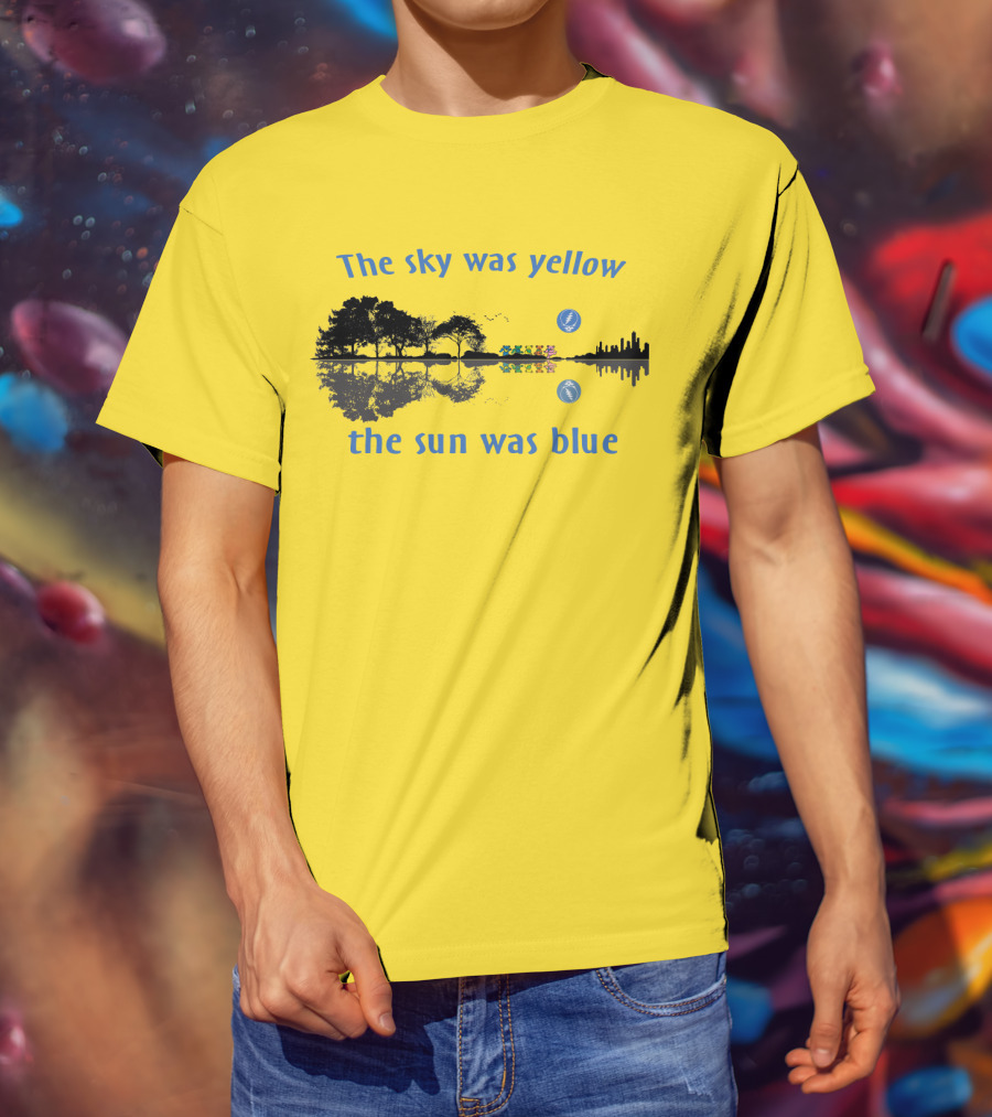The Sky Was Yellow The Sun Was Blue Reflective Landscape And City Skyline T-Shirt