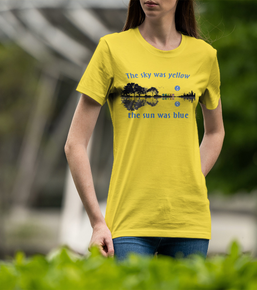 The Sky Was Yellow The Sun Was Blue Reflective Landscape And City Skyline T-Shirt