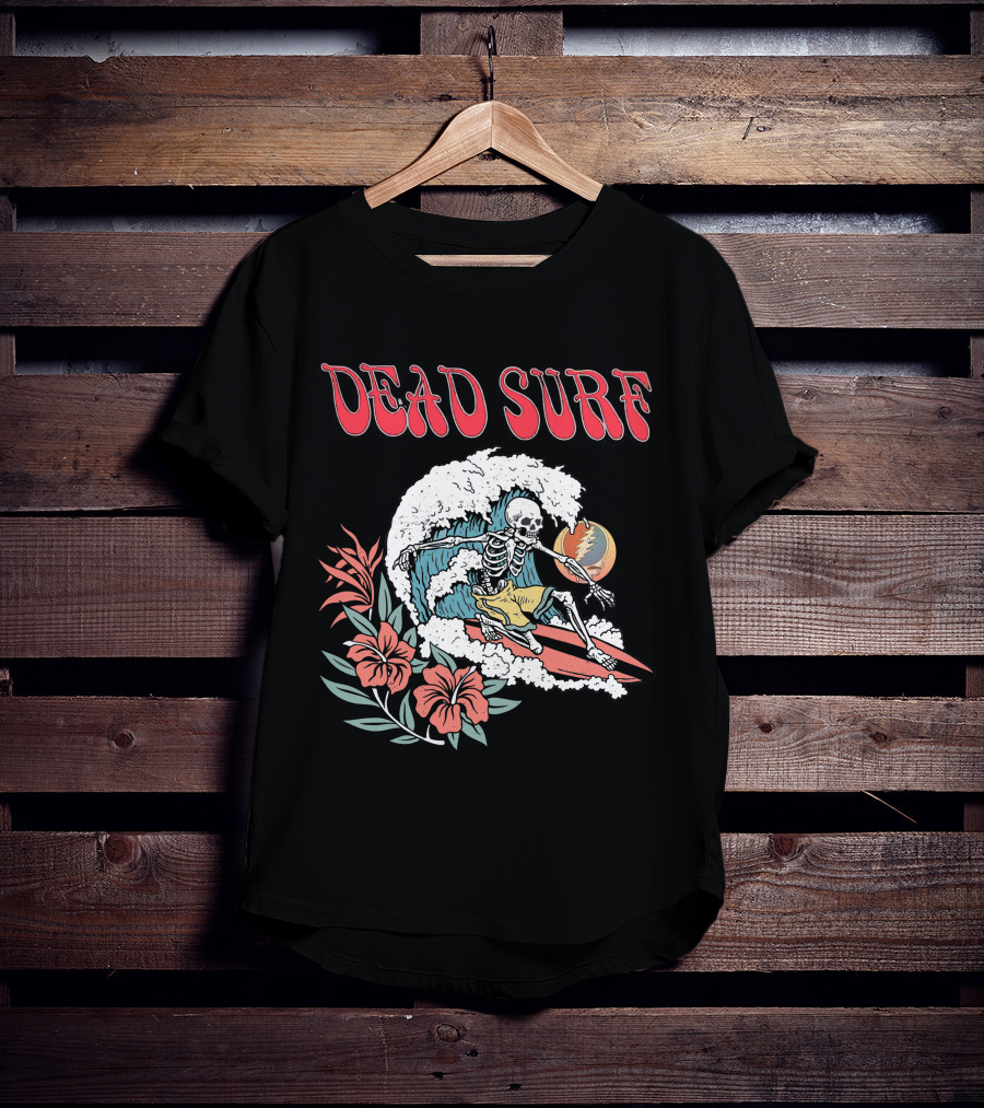 Dead Surf Skeleton Riding Wave With Hibiscus Flowers And Full Moon T-Shirt