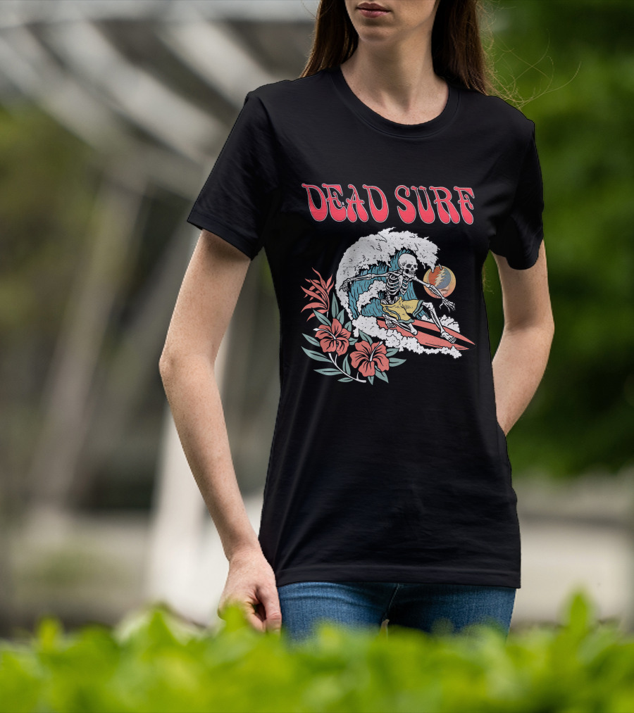 Dead Surf Skeleton Riding Wave With Hibiscus Flowers And Full Moon T-Shirt