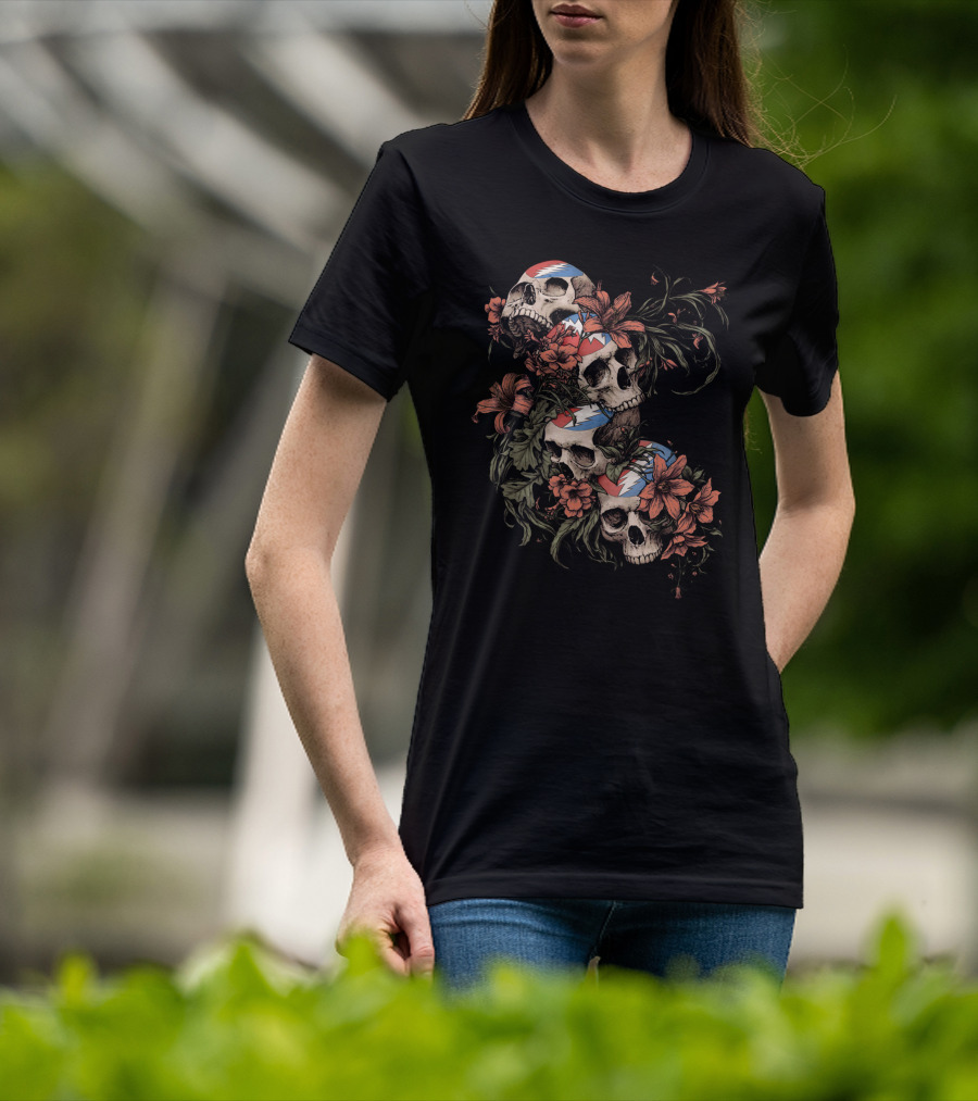 Skull And Floral Grateful Dead Lightning Roses T-Shirt