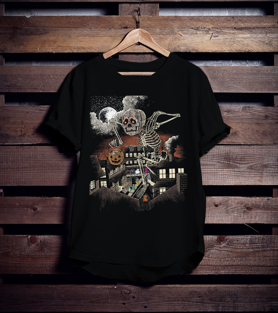 Halloween Skeleton Monster Under Full Moon With Pumpkin Over Houses T-Shirt