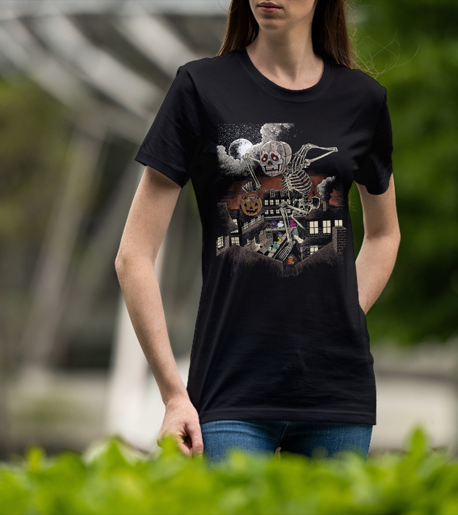 Halloween Skeleton Monster Under Full Moon With Pumpkin Over Houses T-Shirt