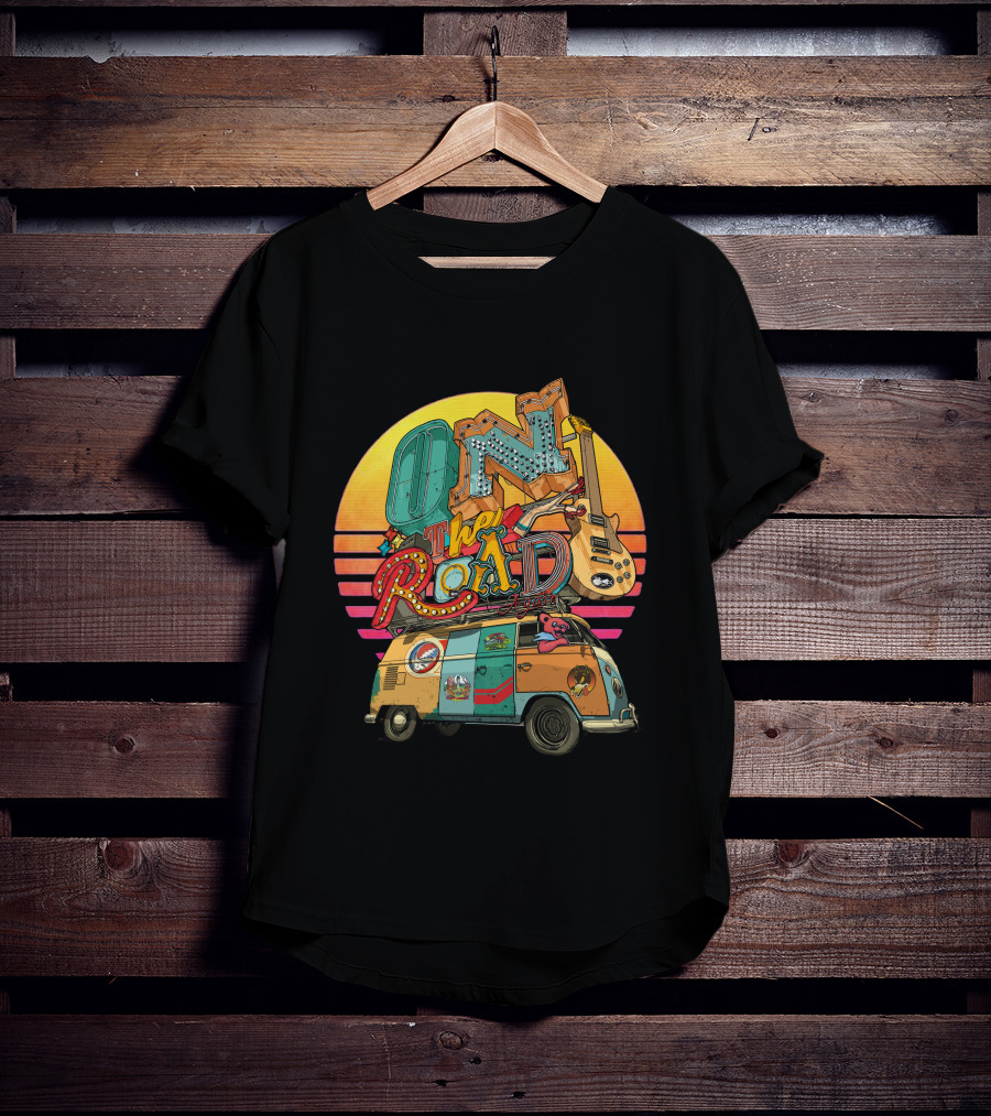 On The Road Retro Sunset Van And Guitar Adventure T-Shirt