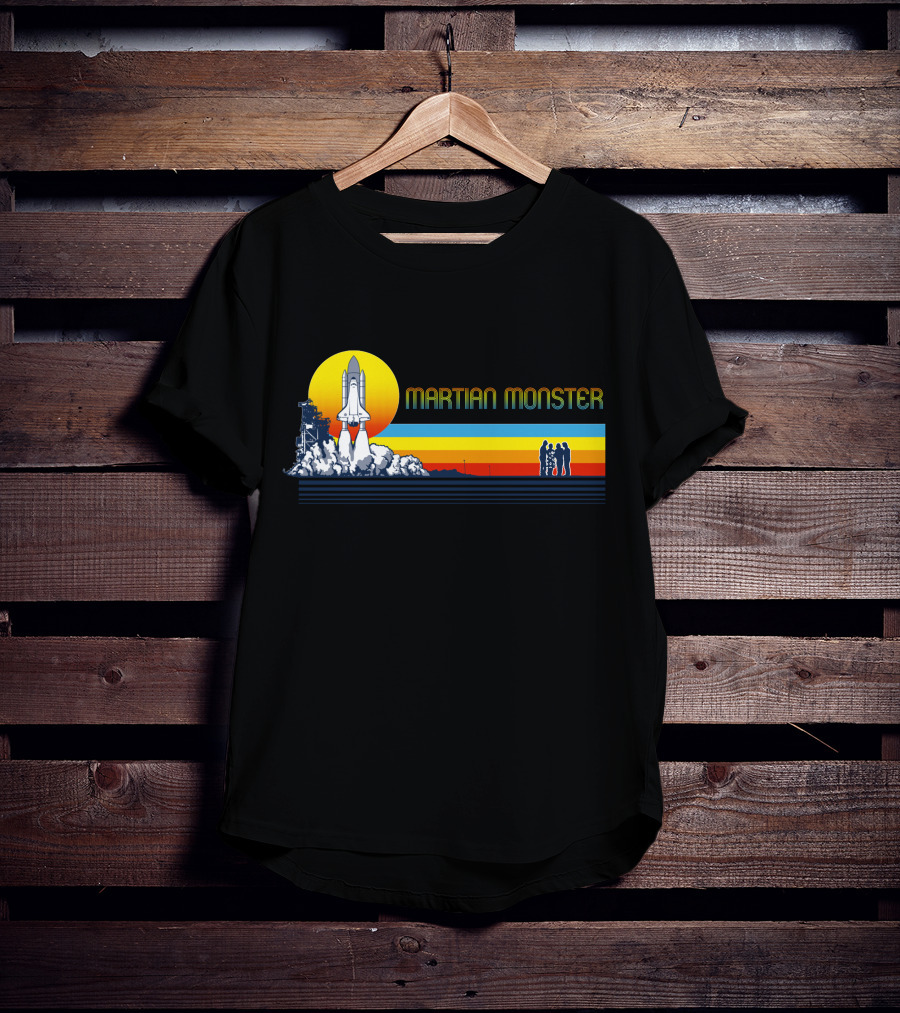 Martian Monster Space Shuttle Launch Rocket Silhouette Retro Sunset T-Shirt