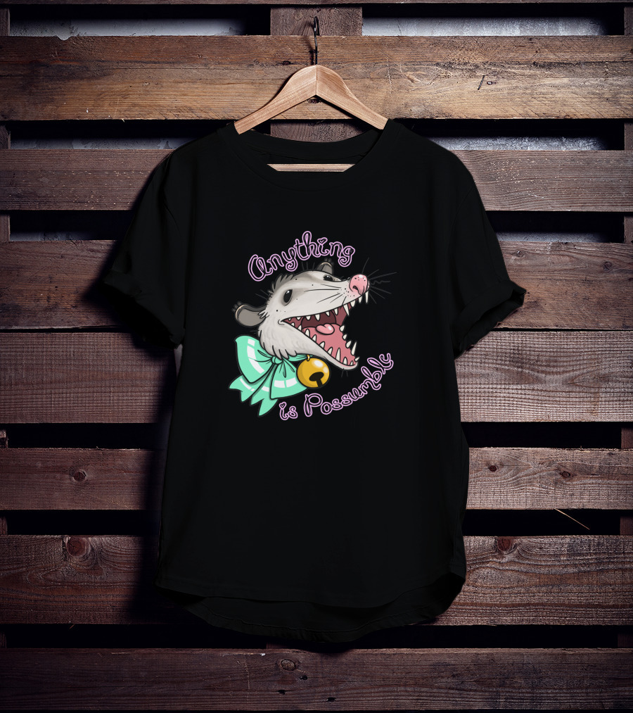 Anything Is Possumble Cute Cartoon Opossum With Bow And Bell T-Shirt