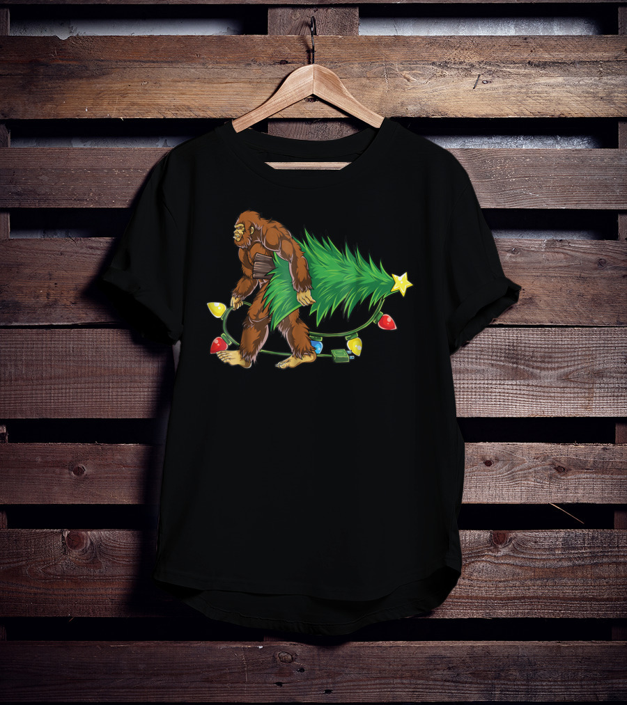 Bigfoot Sasquatch Christmas Tree With Lights Santa4 T-Shirt