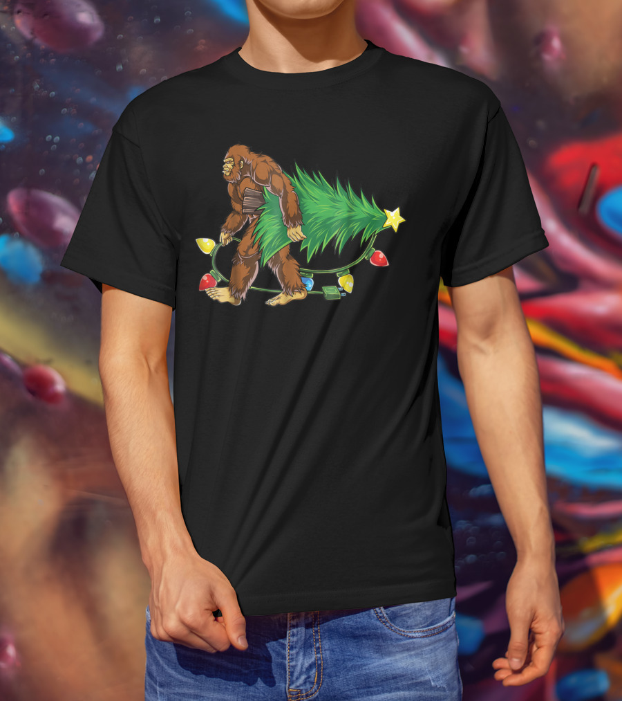 Bigfoot Sasquatch Christmas Tree With Lights Santa4 T-Shirt