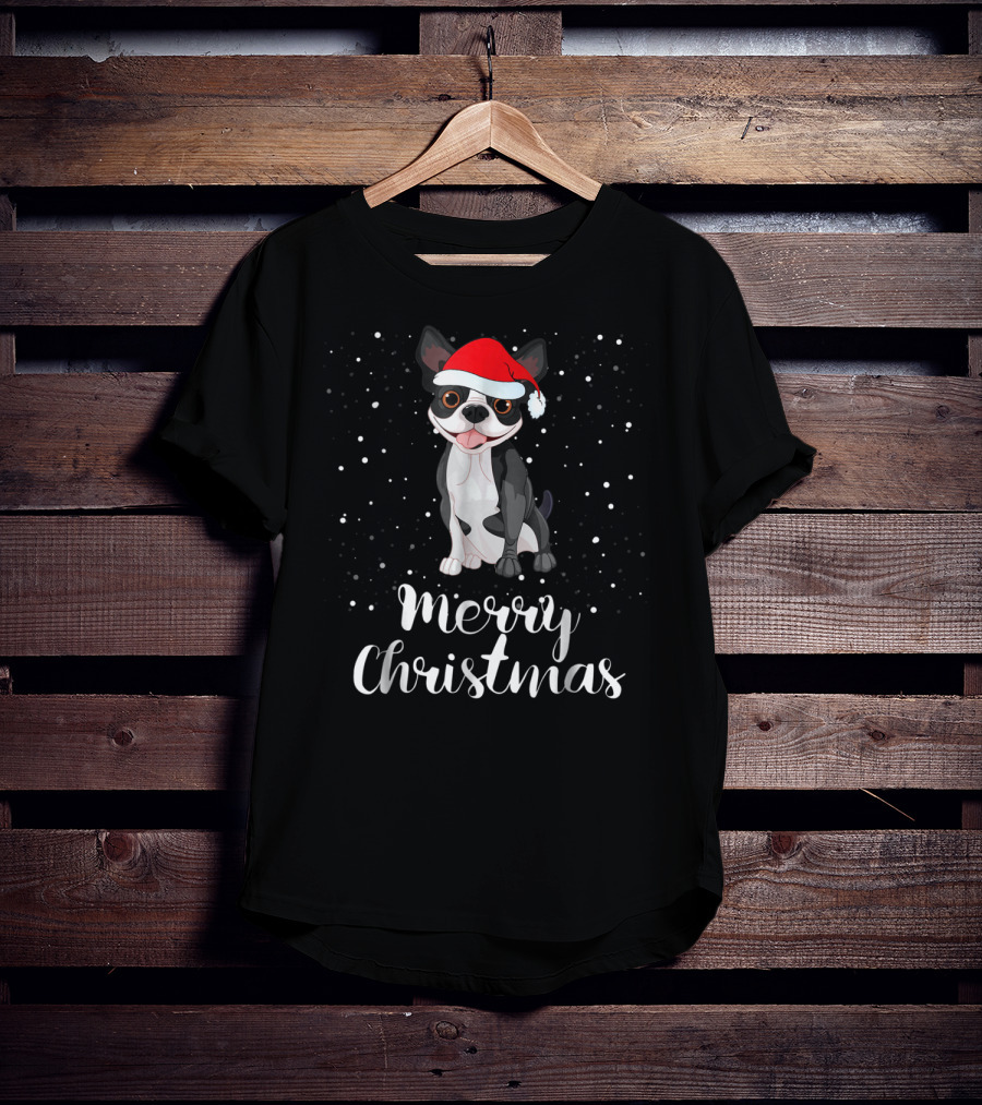 Merry Christmas Boston Terrier Santa Hat Matching Family Group T-Shirt