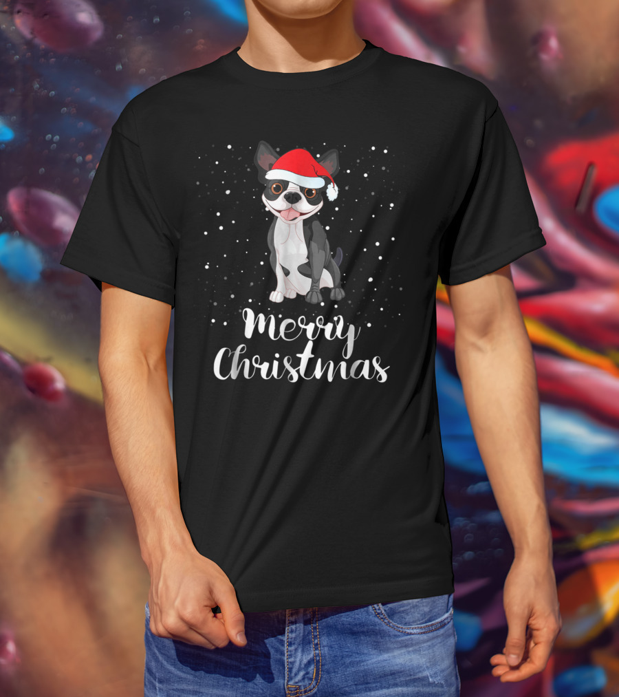Merry Christmas Boston Terrier Santa Hat Matching Family Group T-Shirt