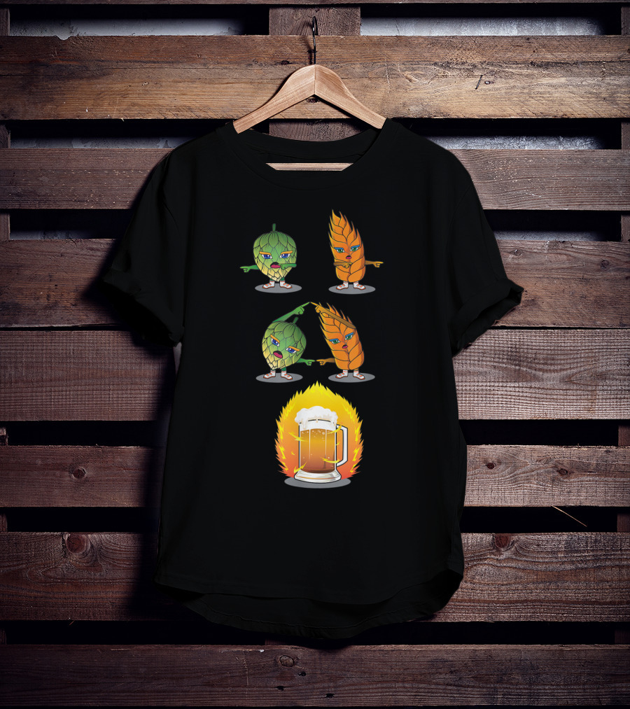 Funny Beer Fusion Hop And Malt Characters With Beer Mug Explosion T-Shirt