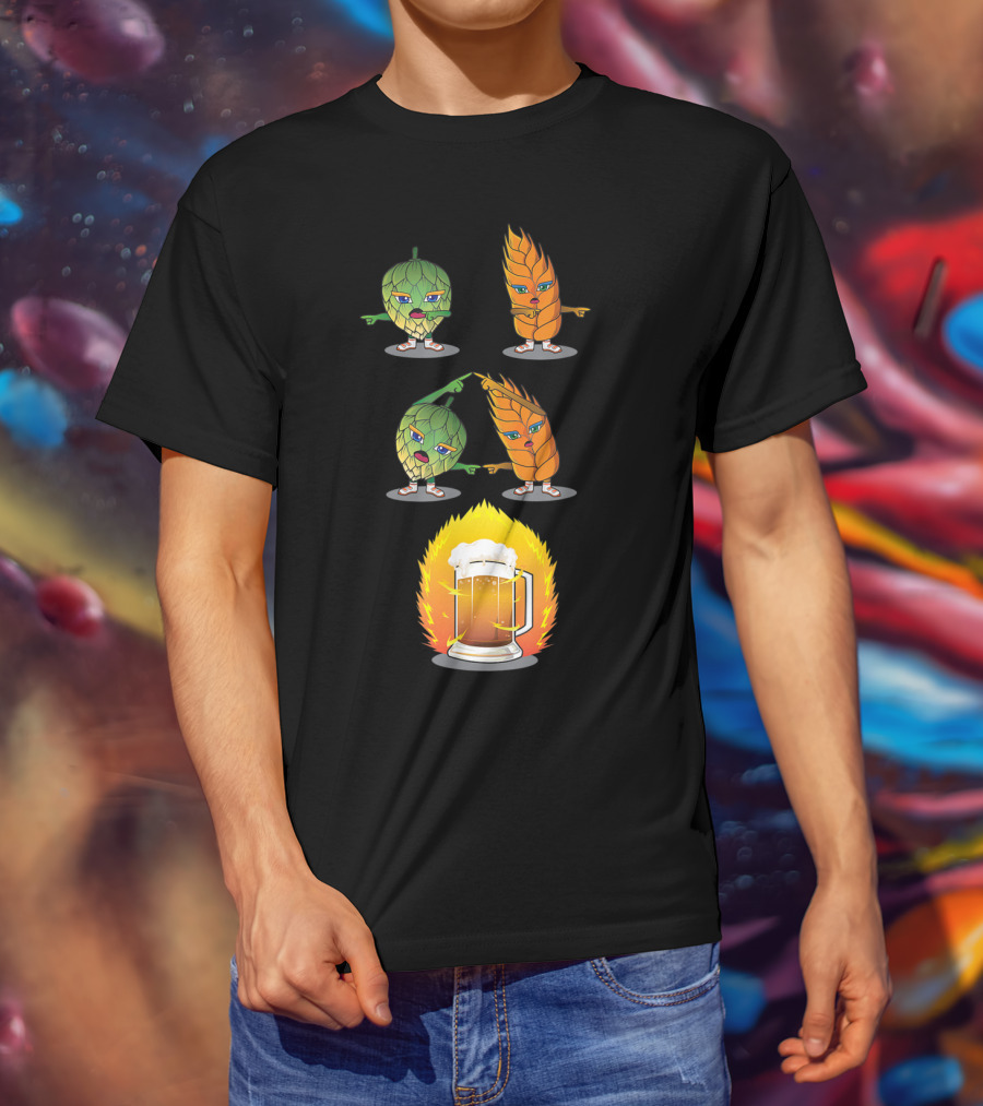 Funny Beer Fusion Hop And Malt Characters With Beer Mug Explosion T-Shirt