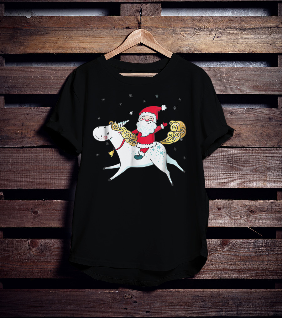 Funny Santa Claus Riding A Unicorn Christmas Noel T-Shirt