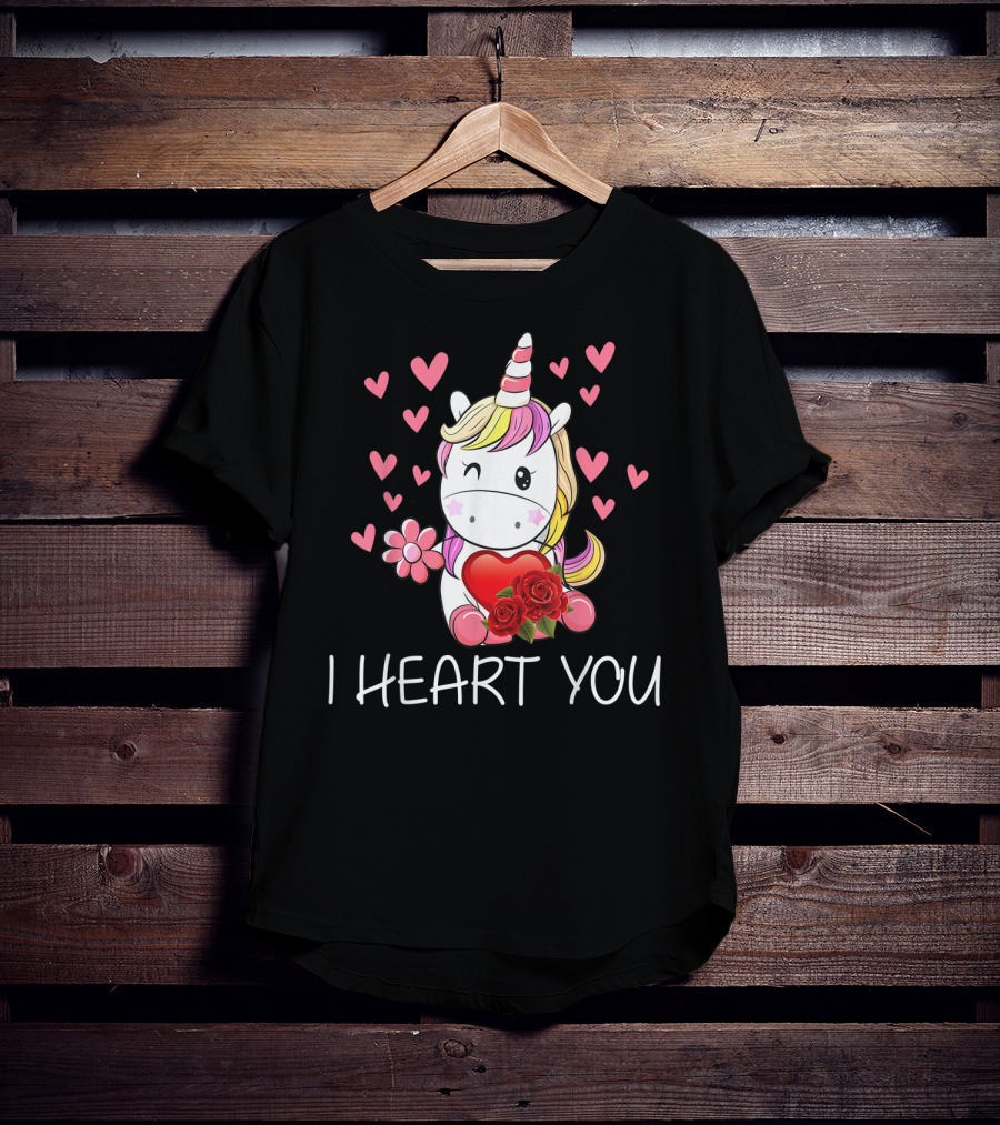 Girls Cute Unicorn I Heart You Valentines Day Hearts Roses T-Shirt
