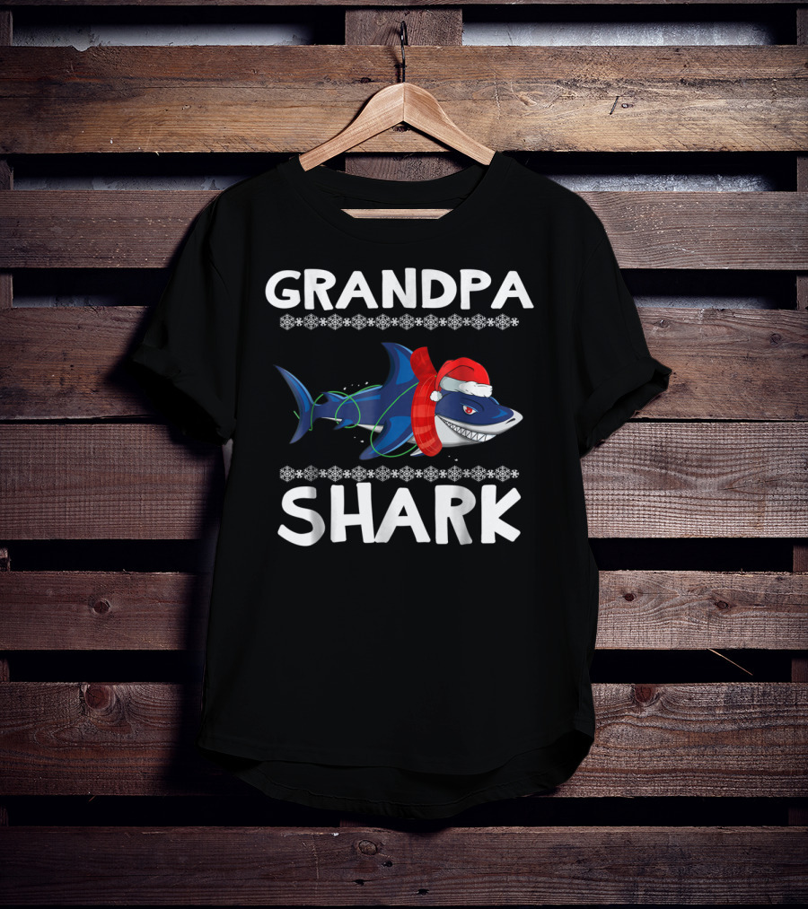 Grandpa Shark Christmas With Santa Hat And Holiday Lights T-Shirt