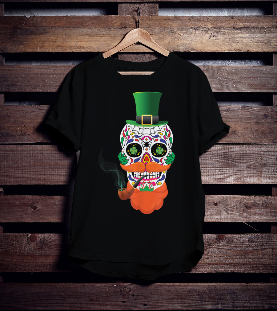 Irish Sugar Skull Leprechaun St Patricks Day Clover Pipe Hat Colorful T-Shirt
