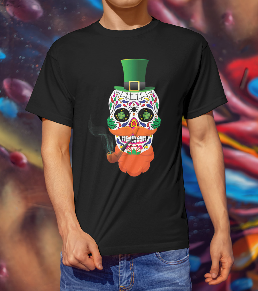 Irish Sugar Skull Leprechaun St Patricks Day Clover Pipe Hat Colorful T-Shirt