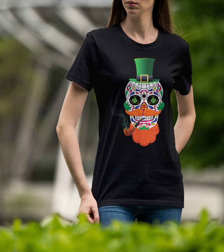 Irish Sugar Skull Leprechaun St Patricks Day Clover Pipe Hat Colorful T-Shirt