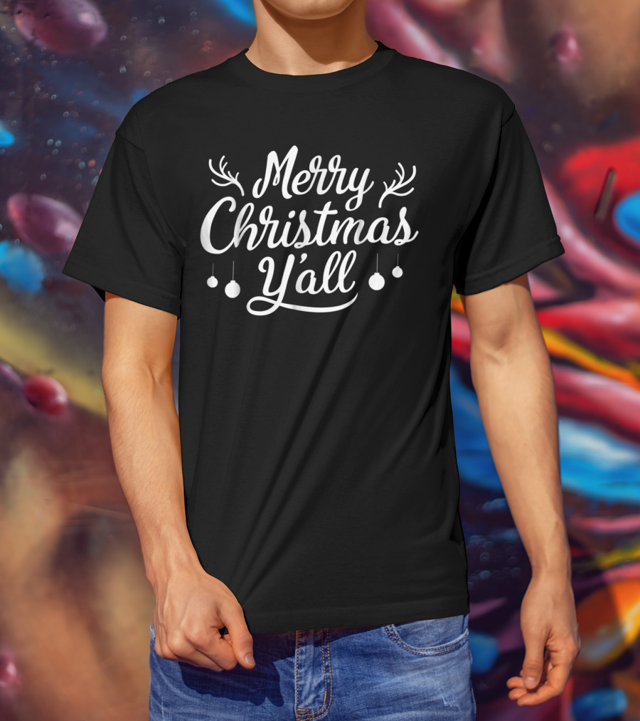 Merry Christmas Y'all Holiday Reindeer Antlers And Ornaments T-Shirt