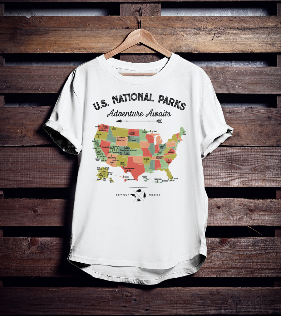 U.S. National Parks Adventure Awaits Map Preserve Protect Vintage Camping Hiking 59 US T-Shirt