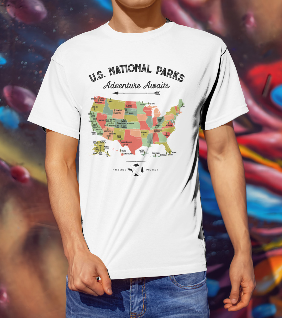 U.S. National Parks Adventure Awaits Map Preserve Protect Vintage Camping Hiking 59 US T-Shirt