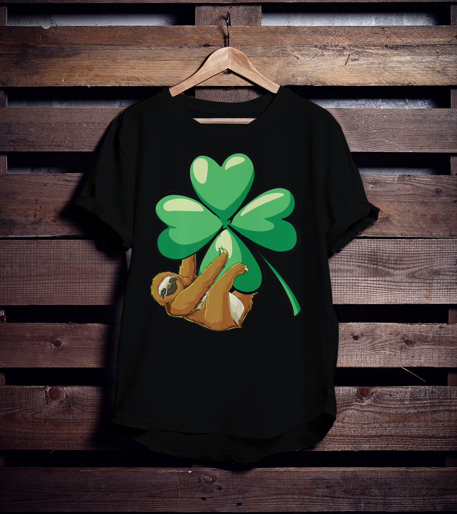 Sloth Hugging Shamrock St Patricks Day Women Girls Lucky Charm T-Shirt