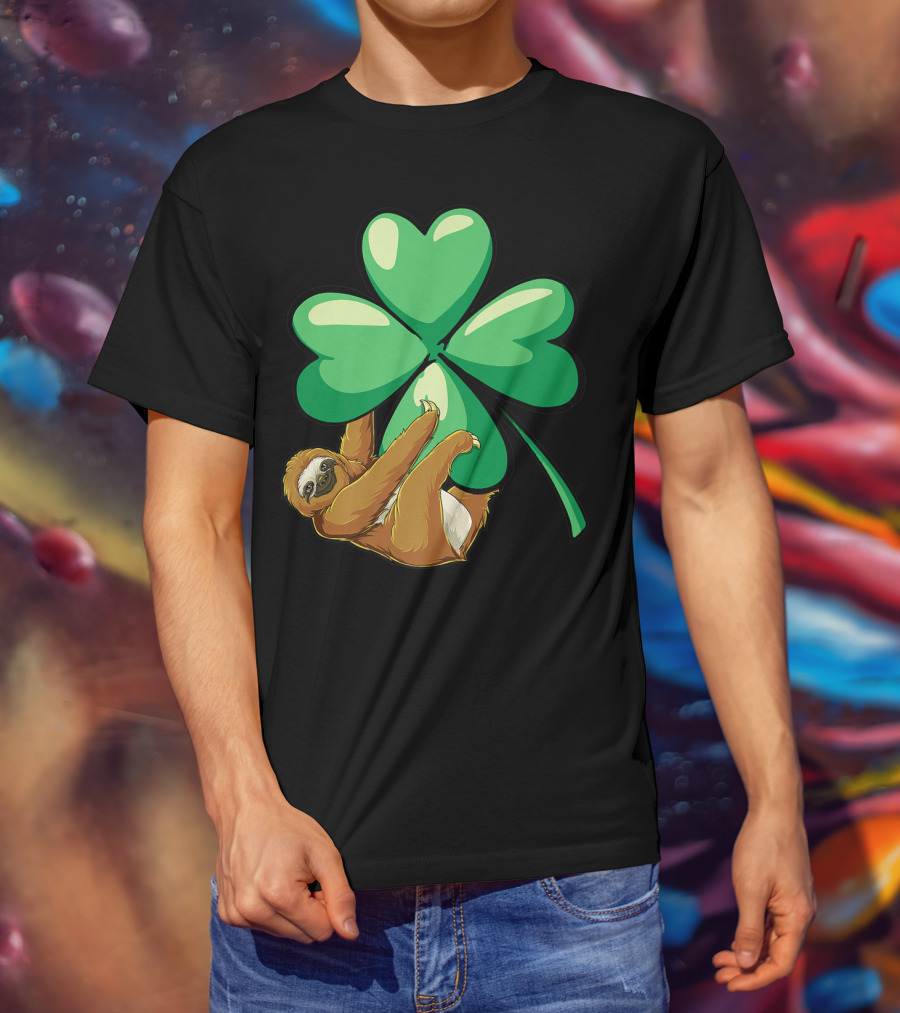 Sloth Hugging Shamrock St Patricks Day Women Girls Lucky Charm T-Shirt