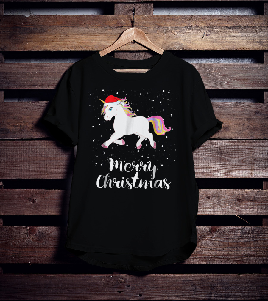 Merry Christmas Unicorn Santa Hat Family Group Matching T-Shirt