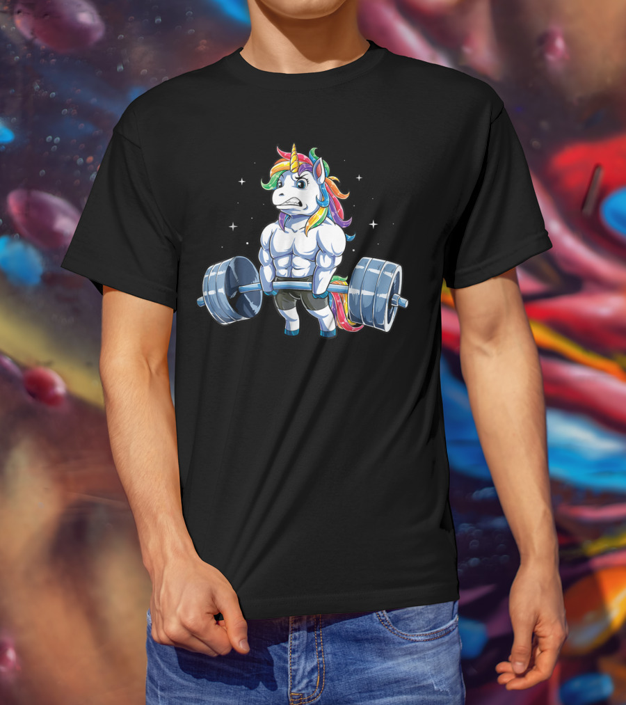 Unicorn Weightlifting Fitness Gym Deadlift Rainbow13 Muscular Mythical Beast Lifting Barbell T-Shirt