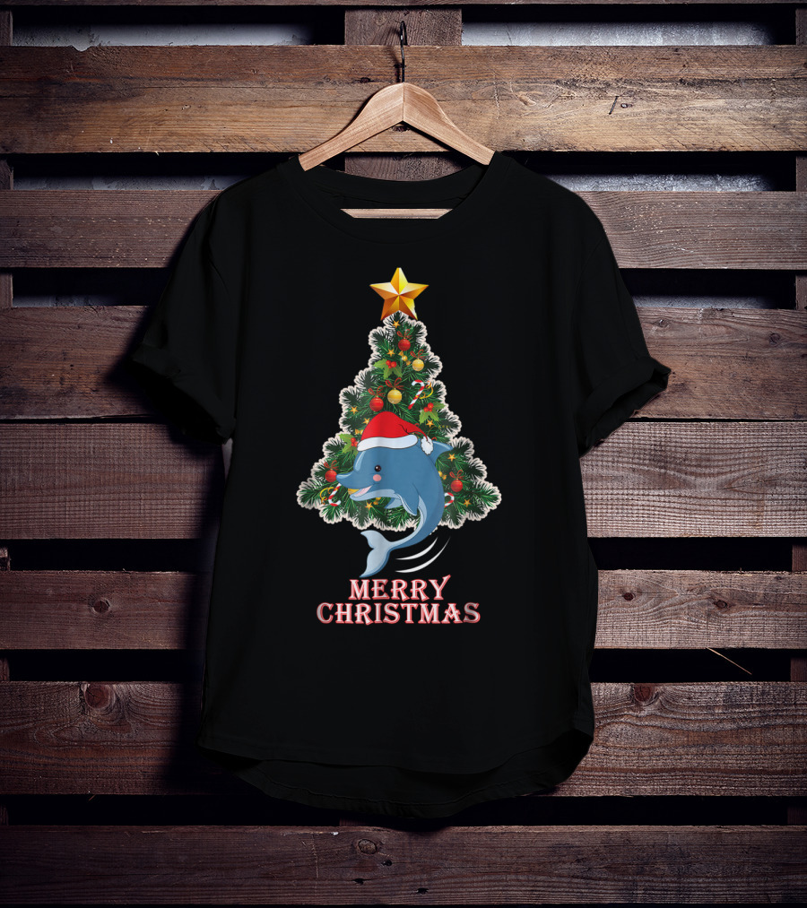Merry Christmas Dolphin Tree With Santa Hat For Xmas T-Shirt
