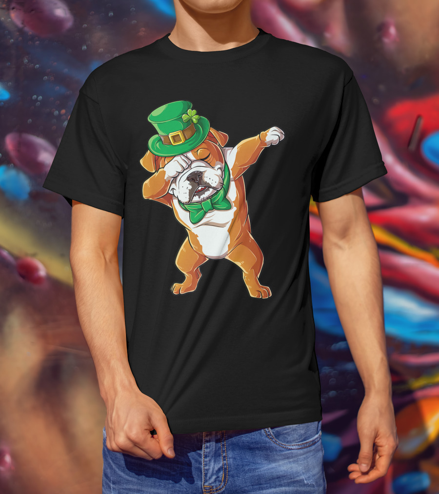 Dabbing English Bulldog St Patricks Day Leprechaun Hat Bow Tie T-Shirt