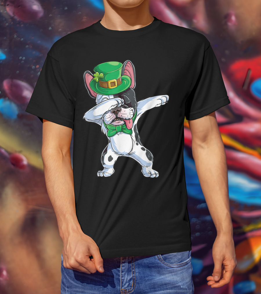 Dabbing French Bulldog St Patricks Day Leprechaun Hat Bow Tie T-Shirt