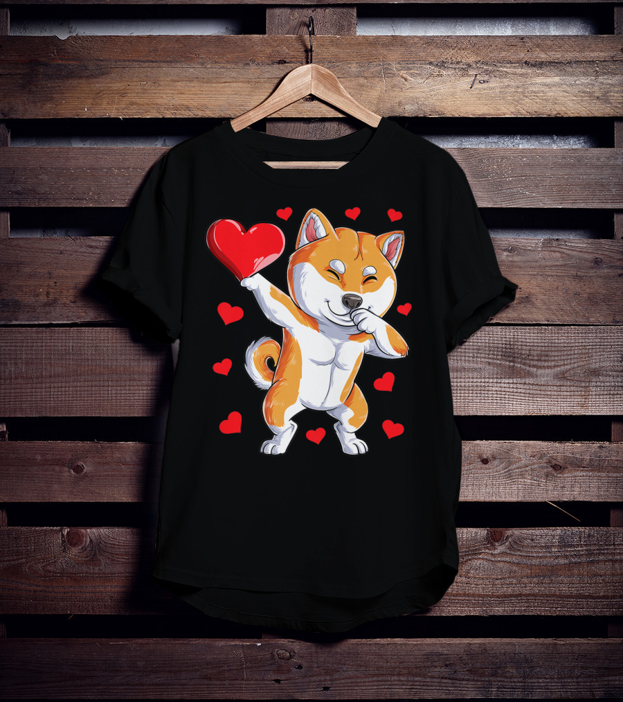 Dabbing Shiba Inu Holding Heart Valentines Day Dog Lover Boys T-Shirt