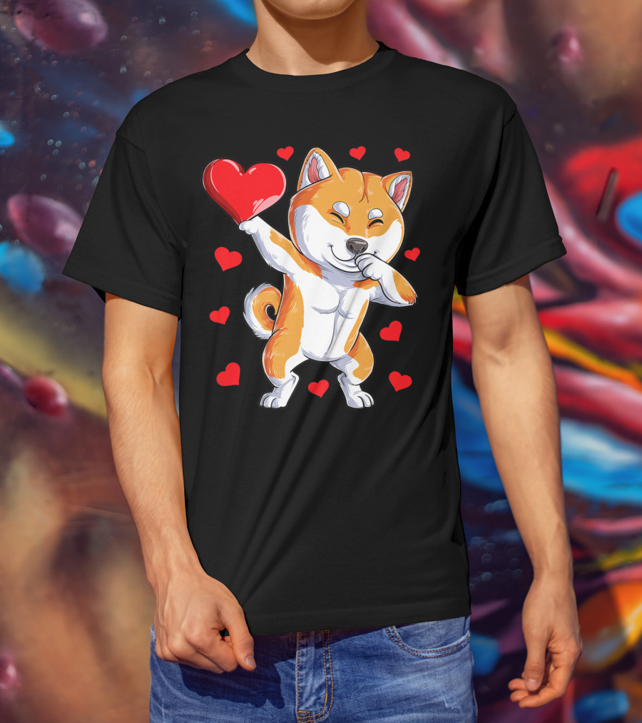 Dabbing Shiba Inu Holding Heart Valentines Day Dog Lover Boys T-Shirt
