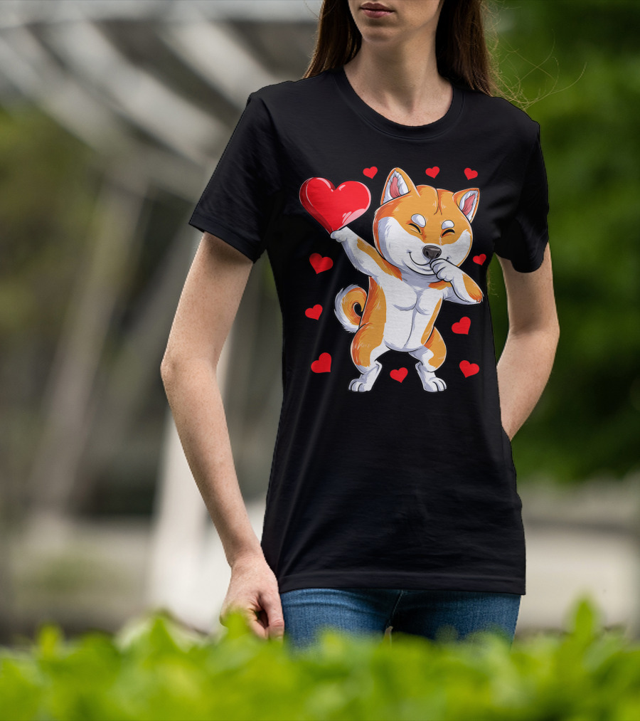 Dabbing Shiba Inu Holding Heart Valentines Day Dog Lover Boys T-Shirt