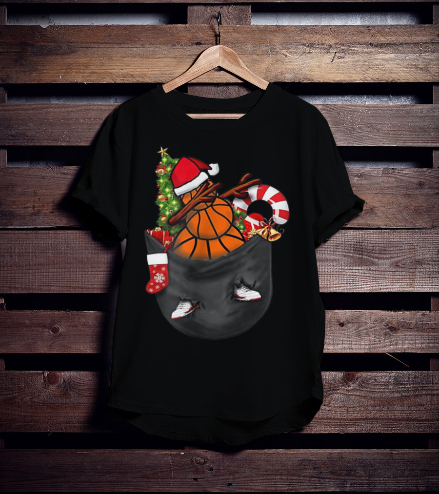 Dabbing Snowman Basketball Santa Hat Christmas Pocket T-Shirt