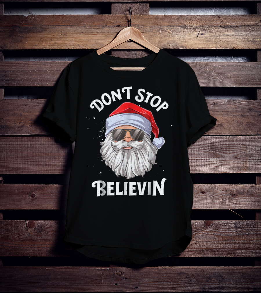 Dont Stop Believin Santa Christmas Boys Sunglasses Holiday T-Shirt