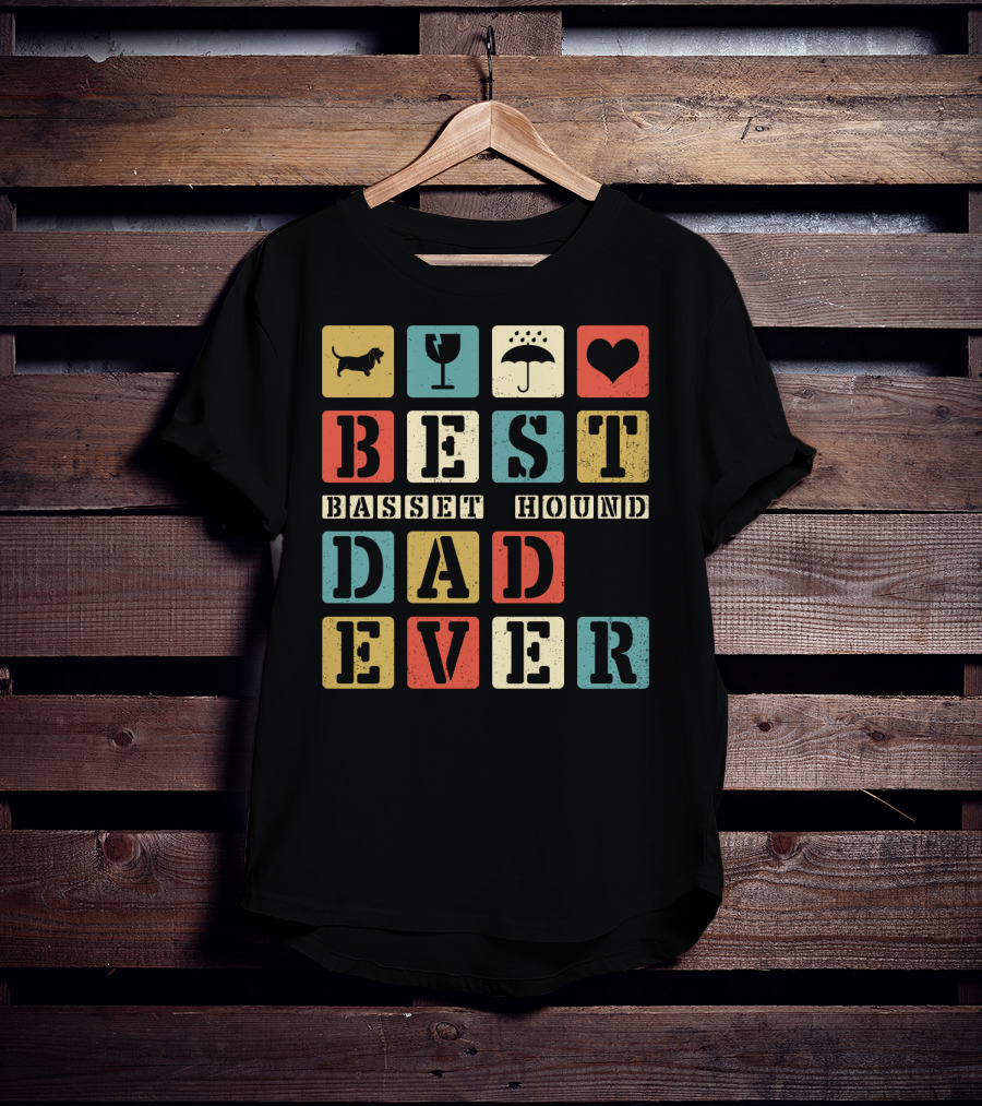 Best Basset Hound Dad Ever Vintage Style76 Retro Blocks T-Shirt