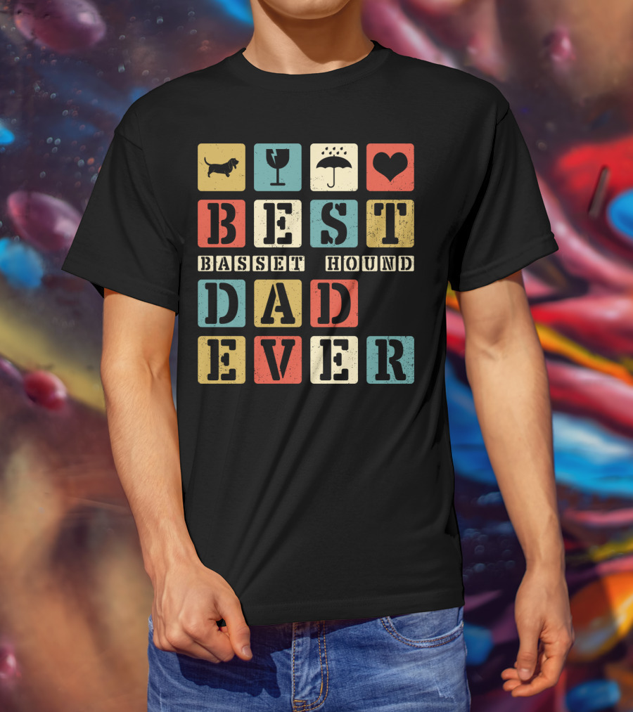 Best Basset Hound Dad Ever Vintage Style76 Retro Blocks T-Shirt