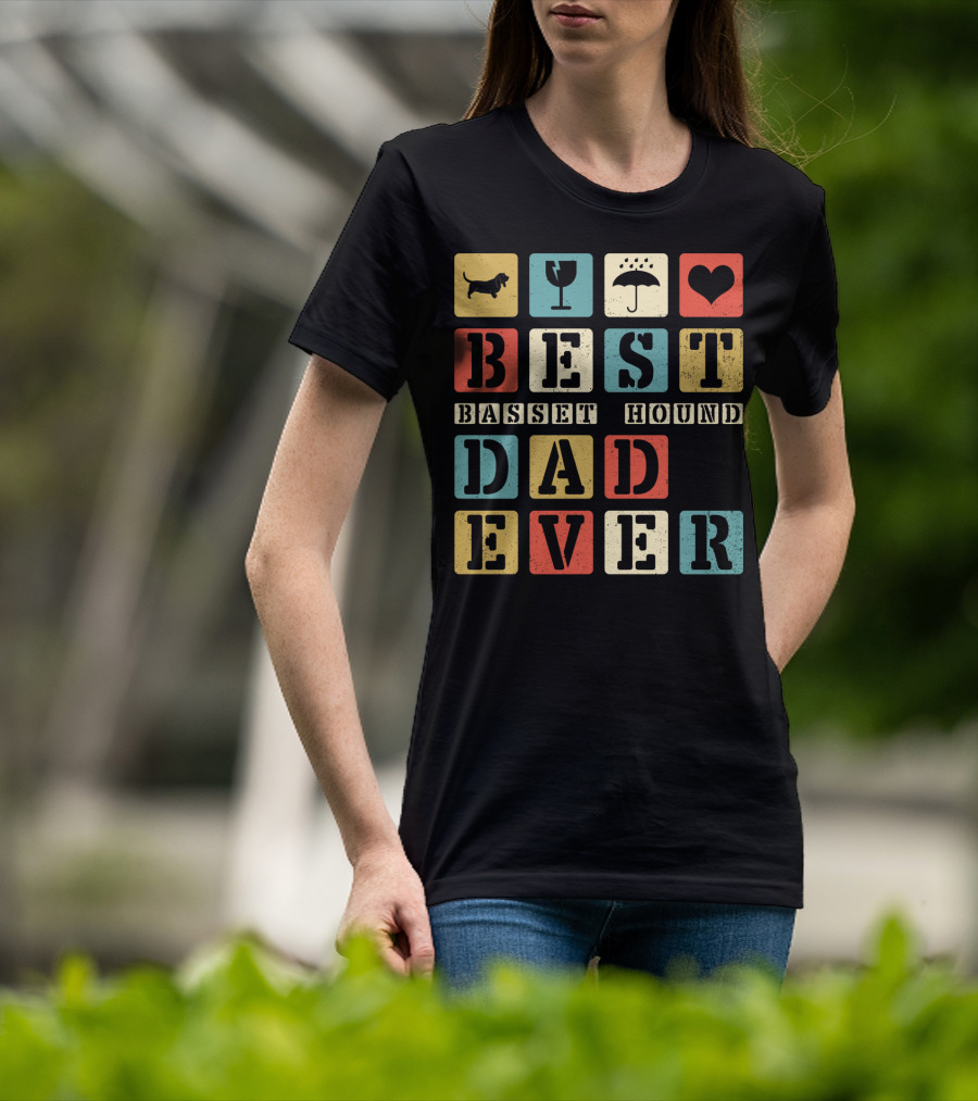 Best Basset Hound Dad Ever Vintage Style76 Retro Blocks T-Shirt