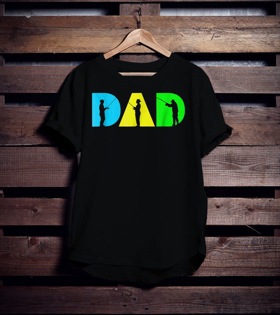 Funny Dad Fishing Silhouette Blue Yellow Green Design Father76 T-Shirt