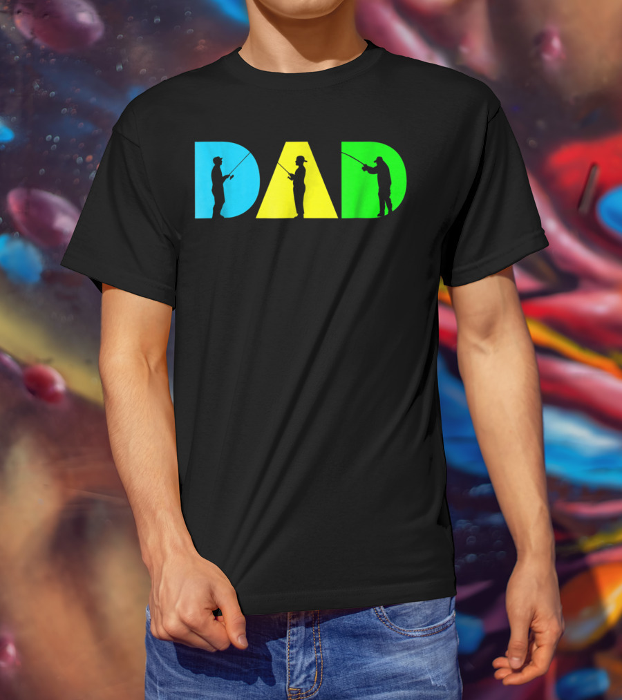 Funny Dad Fishing Silhouette Blue Yellow Green Design Father76 T-Shirt